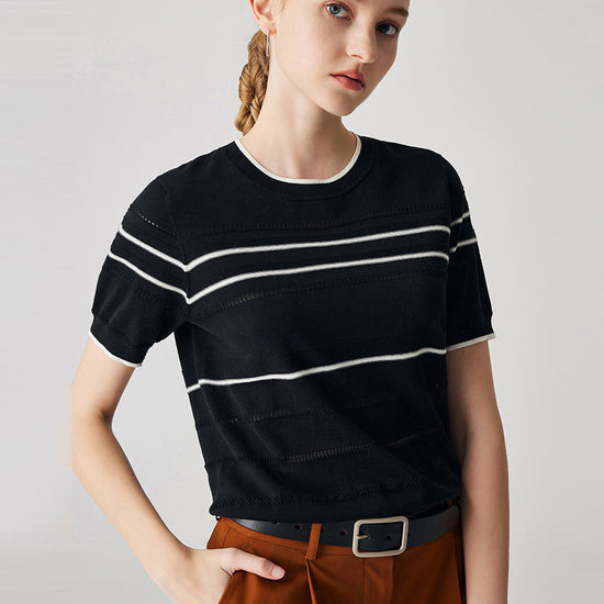 COMOBOCA Women's Relaxed Fit Striped Knit T-Shirt