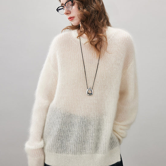 COMOBOCA Women's Mohair Sheer Knit Round Neck Sweater