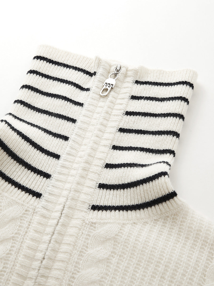 COMOBOCA 100% Cashmere Women's Cable Half Zip Striped Collar Sweater