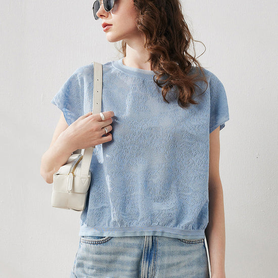 COMOBOCA Women's Lace Patterned Knit T-Shirt