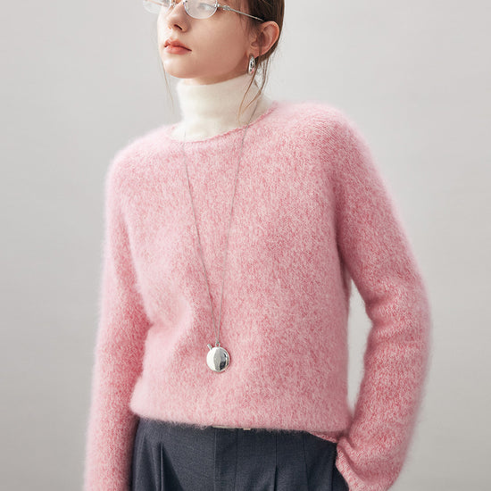 COMOBOCA 100% Wool Women's Fuzzy Round Neck Sweater