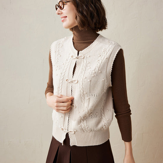 COMOBOCA 100% Cashmere Women's Bow Detailing Cable Knit Vest