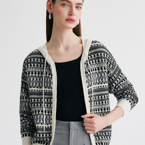 COMOBOCA Striped 100% Cashmere Women's Fair Isle Double Zip Hoodie