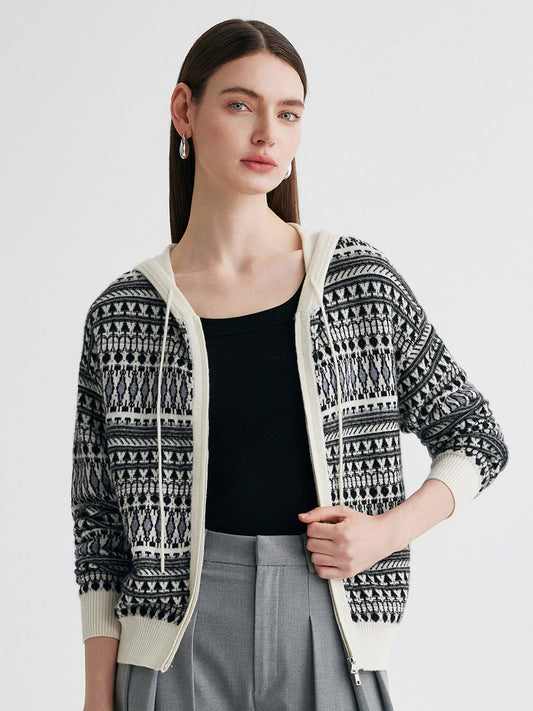 COMOBOCA Striped 100% Cashmere Women's Fair Isle Double Zip Hoodie