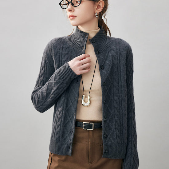 COMOBOCA Charcoal 100% Cashmere Women's Cable Mock Neck Knit Cardigan