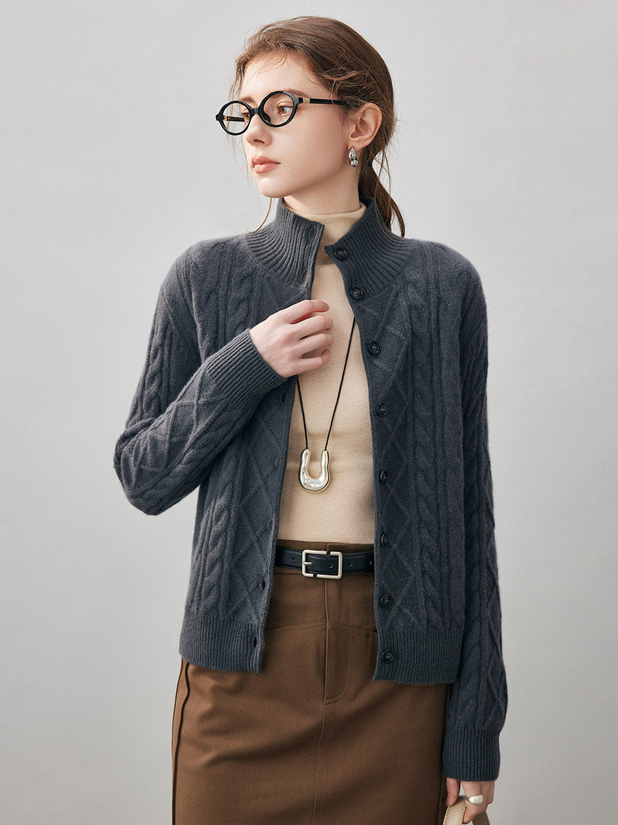 COMOBOCA Charcoal 100% Cashmere Women's Cable Mock Neck Knit Cardigan