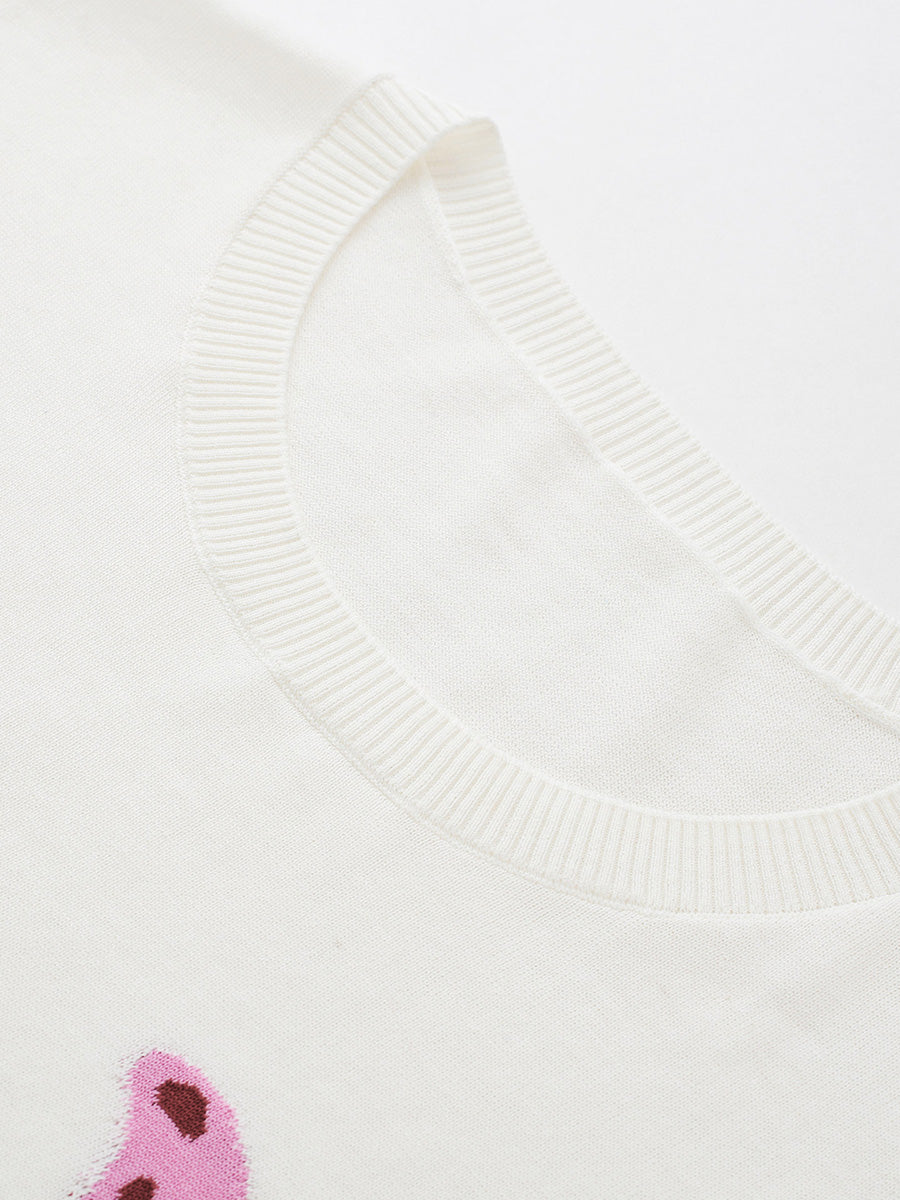 COMOBOCA Women's Leopard Cat Embroidered Knit T-Shirt