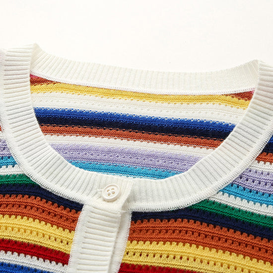 COMOBOCA Women's Ribbed Rainbow Striped Knit Cardigan