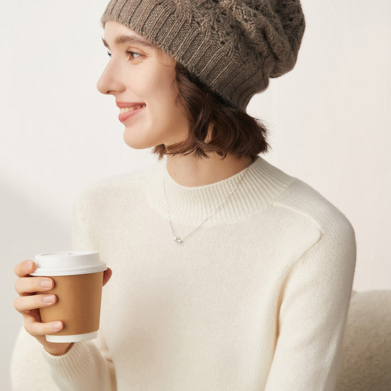 COMOBOCA Light Gray 100% Cashmere Classic Cable Knit Beanie