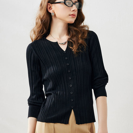 COMOBOCA Black Women's Ribbed V-Neck Faux Cardigan Sweater