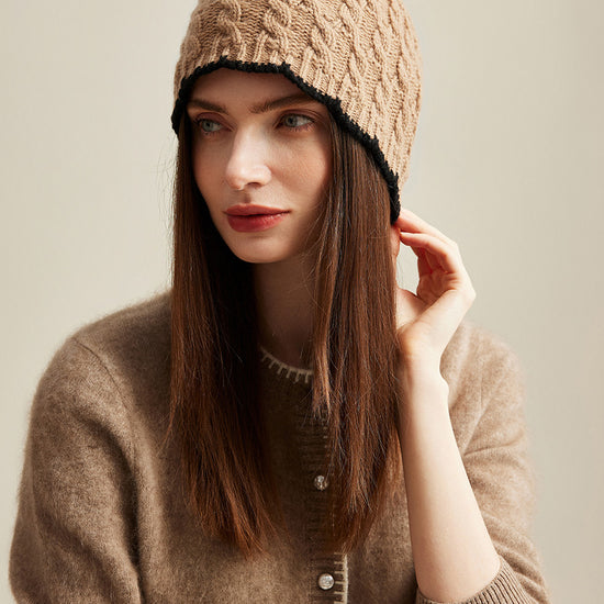 COMOBOCA Camel 100% Cashmere Women's Cable Knit Beanie