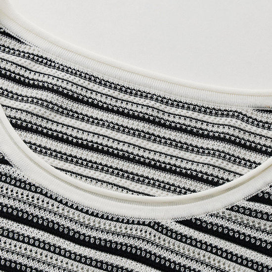 COMOBOCA Women's Striped Mesh Knit Round Neck Sweater