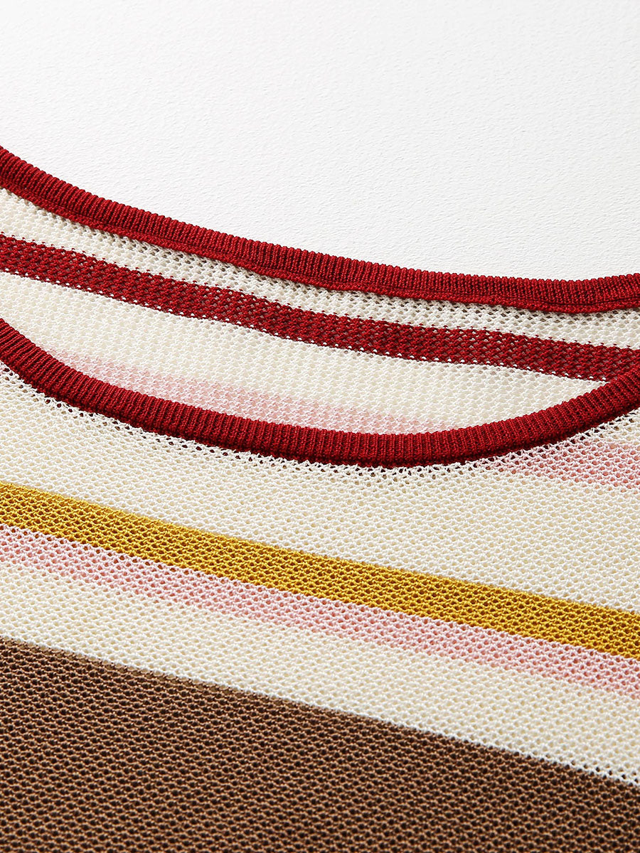 COMOBOCA Women's Multi Striped Mesh Knit Round Neck Sweater