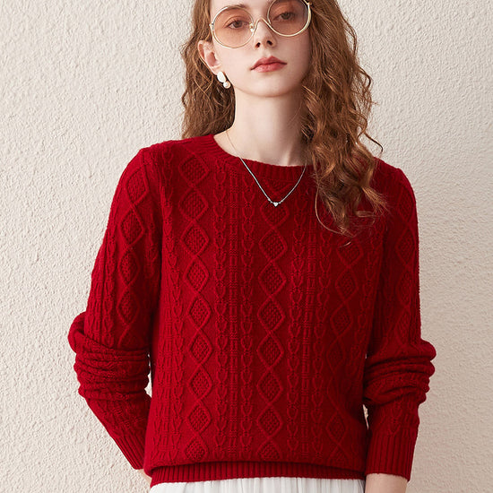COMOBOCA Red 100% Wool Women's Cable Knit Sweater