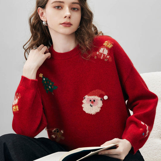 COMOBOCA Women's Wool Christmas Themed Round Neck Sweater