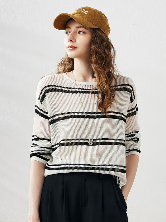 COMOBOCA Women's Striped Ribbed Round Neck Sweater