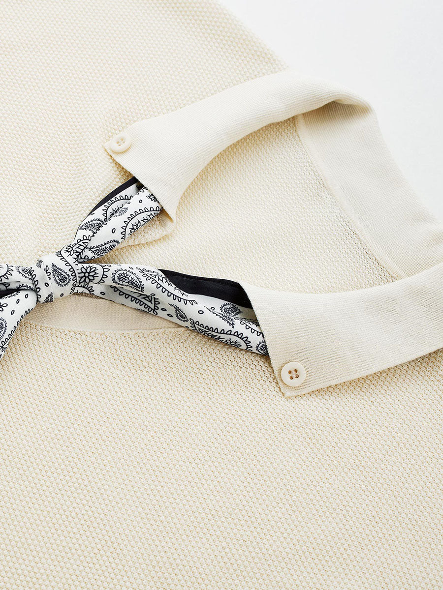 COMOBOCA Women's Paisley Scarf Polo Collar Waffle Knit T-Shirt