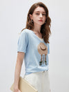 Women's mulberry Silk Knit Top with Patterned Jacquard & U-Neck