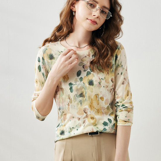 COMOBOCA Women's Floral Round Neck Sweater