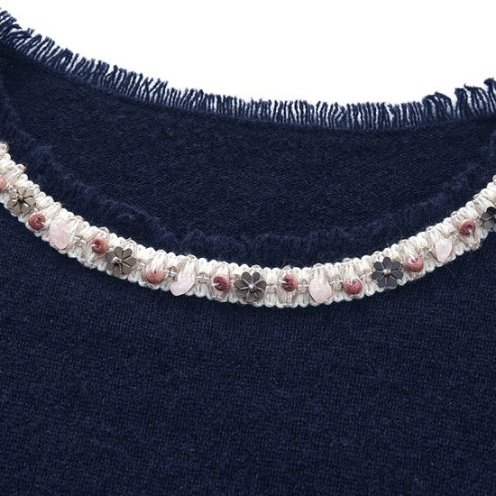 COMOBOCA 100% Cashmere Women's Fringed Hem Floral Sweater
