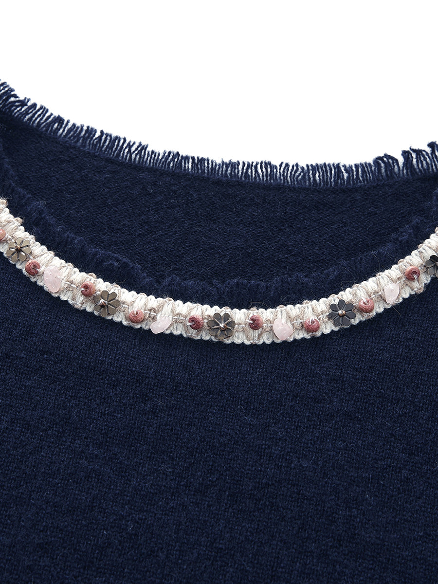 COMOBOCA 100% Cashmere Women's Fringed Hem Floral Sweater