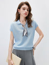 COMOBOCA Light Blue Women's Paisley Scarf Polo Collar Waffle Knit T-Shirt