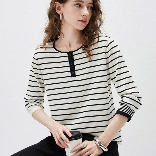 COMOBOCA Women's Stripe Henley Round Neck Sweater
