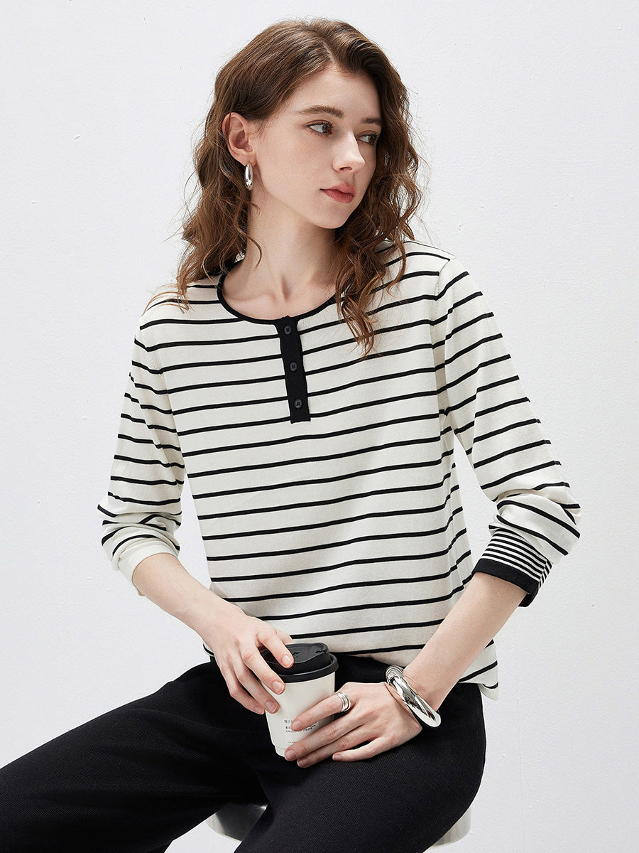 COMOBOCA Women's Stripe Henley Round Neck Sweater