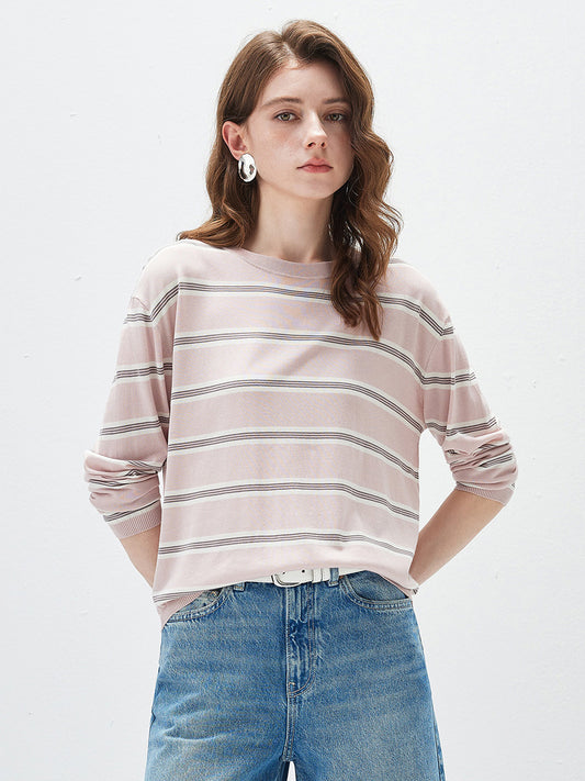 COMOBOCA Light Pink Women's Striped Round Neck Knit Sweater