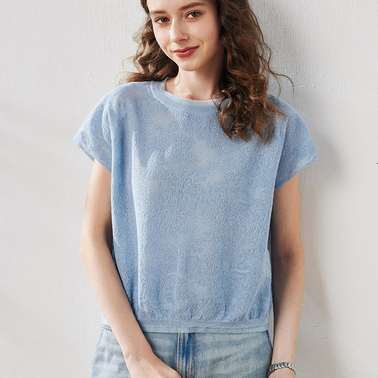 COMOBOCA Light Blue Women's Lace Patterned Knit T-Shirt
