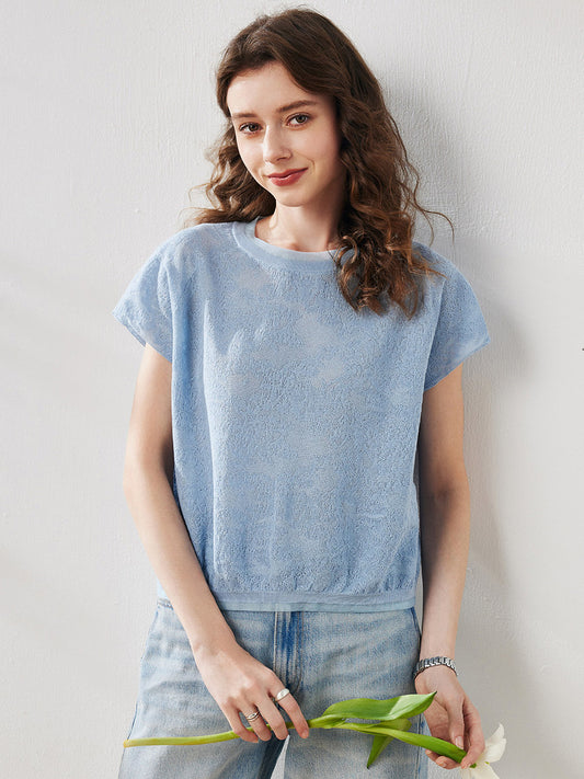 COMOBOCA Light Blue Women's Lace Patterned Knit T-Shirt