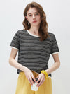 Women’s Round-Neck Linen Blend Dopamine Striped Knit Short Sleeve Top with Contrast Trim