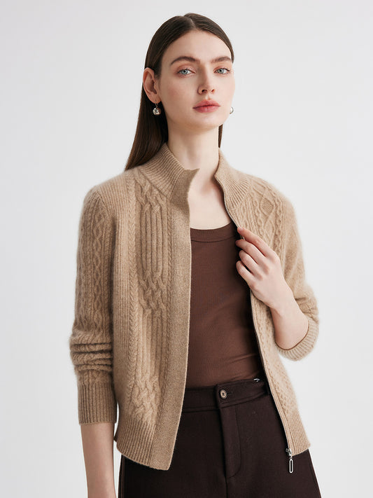 COMOBOCA 100% Cashmere Women's Cable Knit Mock Neck Zip Up Cardigan