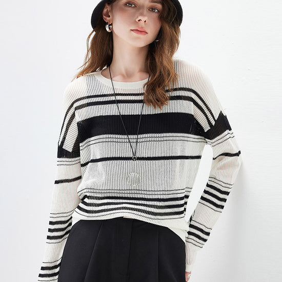 COMOBOCA Women's Asymmetric Stripe Mesh Knit Round Neck Sweater