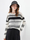 COMOBOCA Women's Asymmetric Stripe Mesh Knit Round Neck Sweater