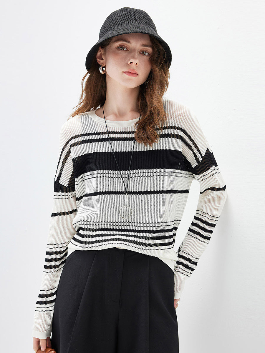 COMOBOCA Women's Asymmetric Stripe Mesh Knit Round Neck Sweater