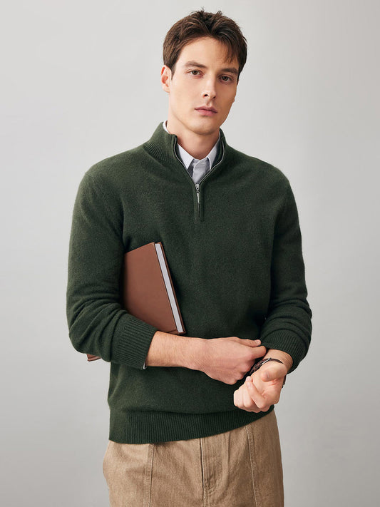 COMOBOCA 100% Cashmere Men's Half Zip Mock Neck Sweater