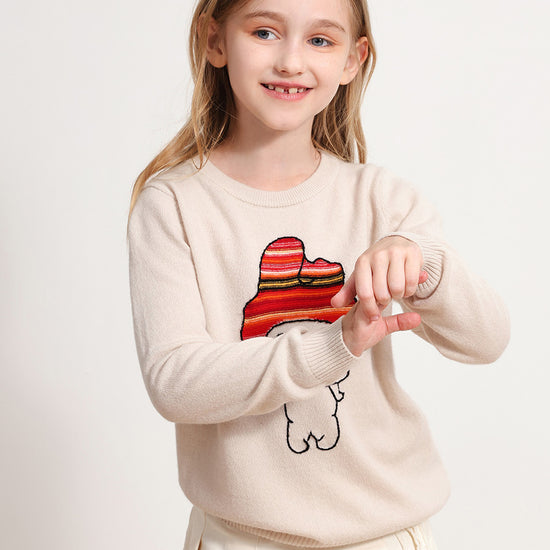 COMOBOCA BEIGE 100% Wool Kids' Round Neck Cartoon Sweater