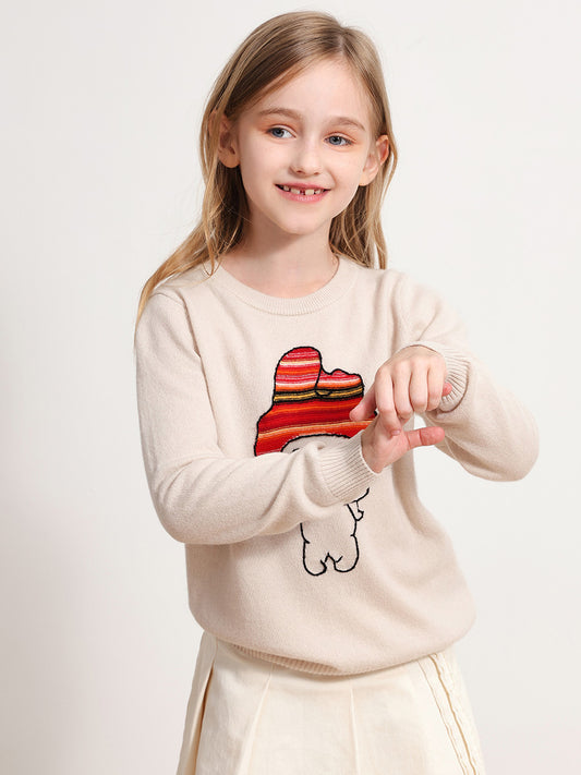 COMOBOCA BEIGE 100% Wool Kids' Round Neck Cartoon Sweater