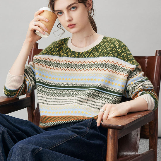 COMOBOCA 100% Cashmere Women's Fair Isle Round Neck Sweater