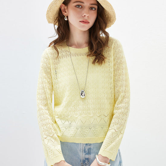 COMOBOCA Women's Openwork Round Neck Knit Sweater