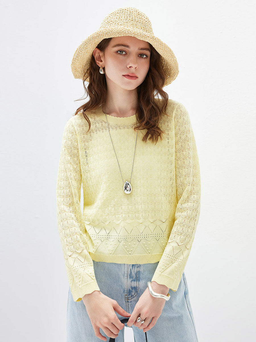 COMOBOCA Women's Openwork Round Neck Knit Sweater
