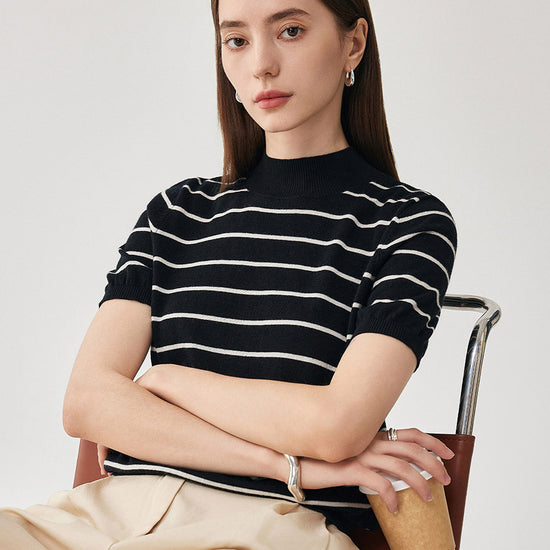 COMOBOCA 100% Wool Women's Mock Neck Striped Ribbed T-Shirt