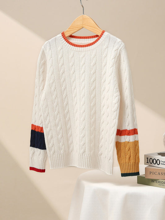 COMOBOCA 100% Wool Kids' Cable Knit Sweater with Color Block Detail