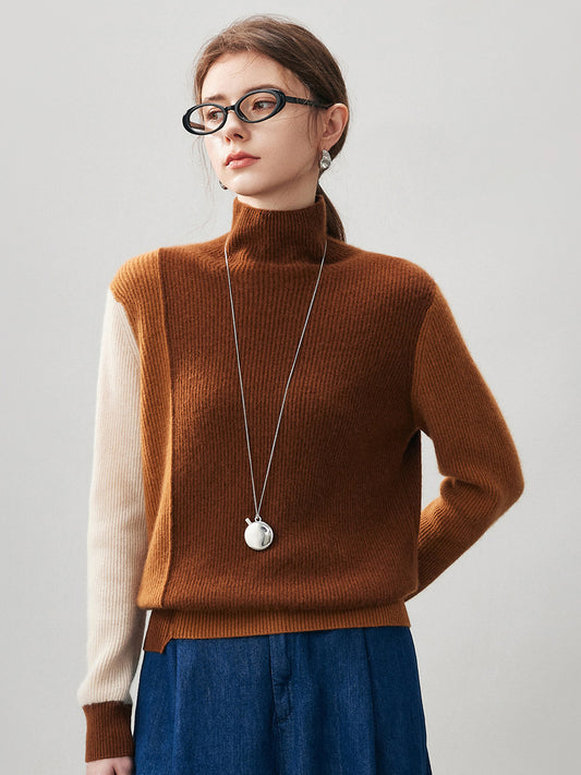 COMOBOCA Brown 100% Cashmere Women's Color Block Turtleneck Sweater