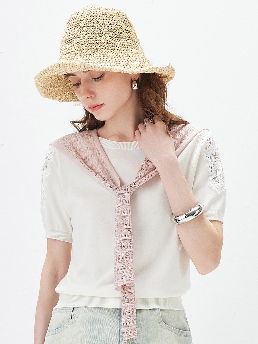COMOBOCA Light Pink Women's Tie-Front Lace Knit Shawl