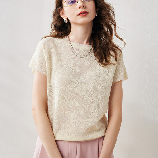 COMOBOCA XXL Cream Women's Lace Patterned Knit T-Shirt