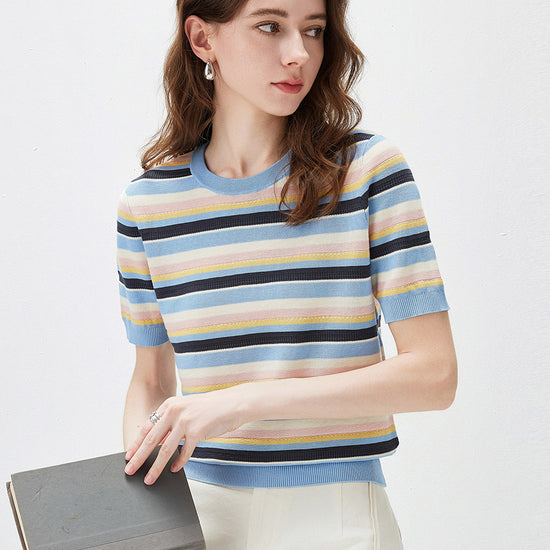 COMOBOCA Women's Multi-Color Stripe Knit T-Shirt