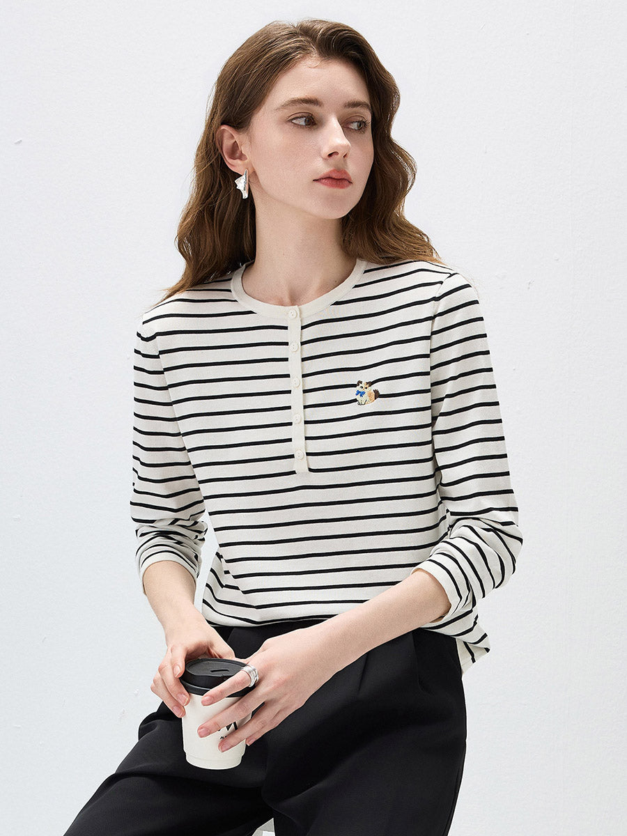 COMOBOCA Women's Striped Henley Button Knit Sweater