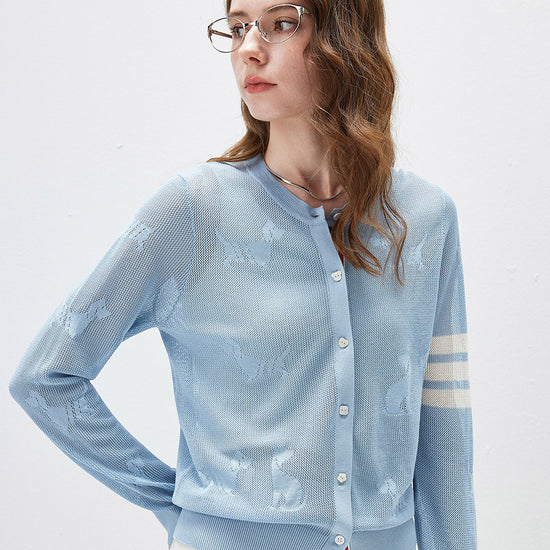 COMOBOCA Women's Pet Pointelle Knit Round Neck Cardigan